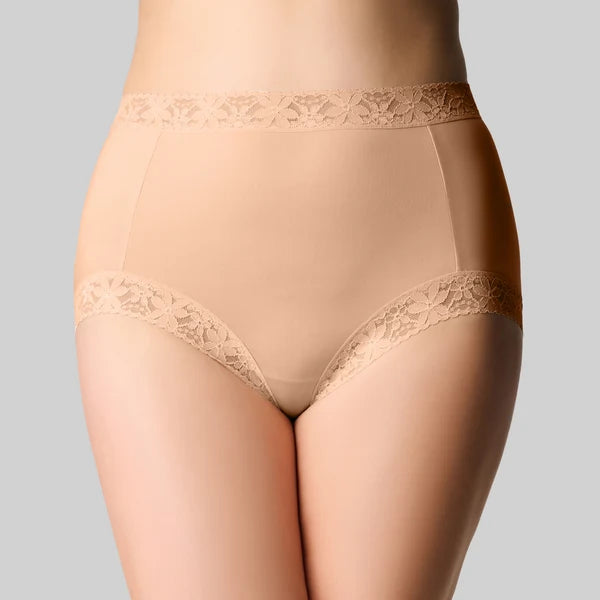 Beige cotton and lace full brief high-waisted underwear with lace trim and smooth sheer fabric front view