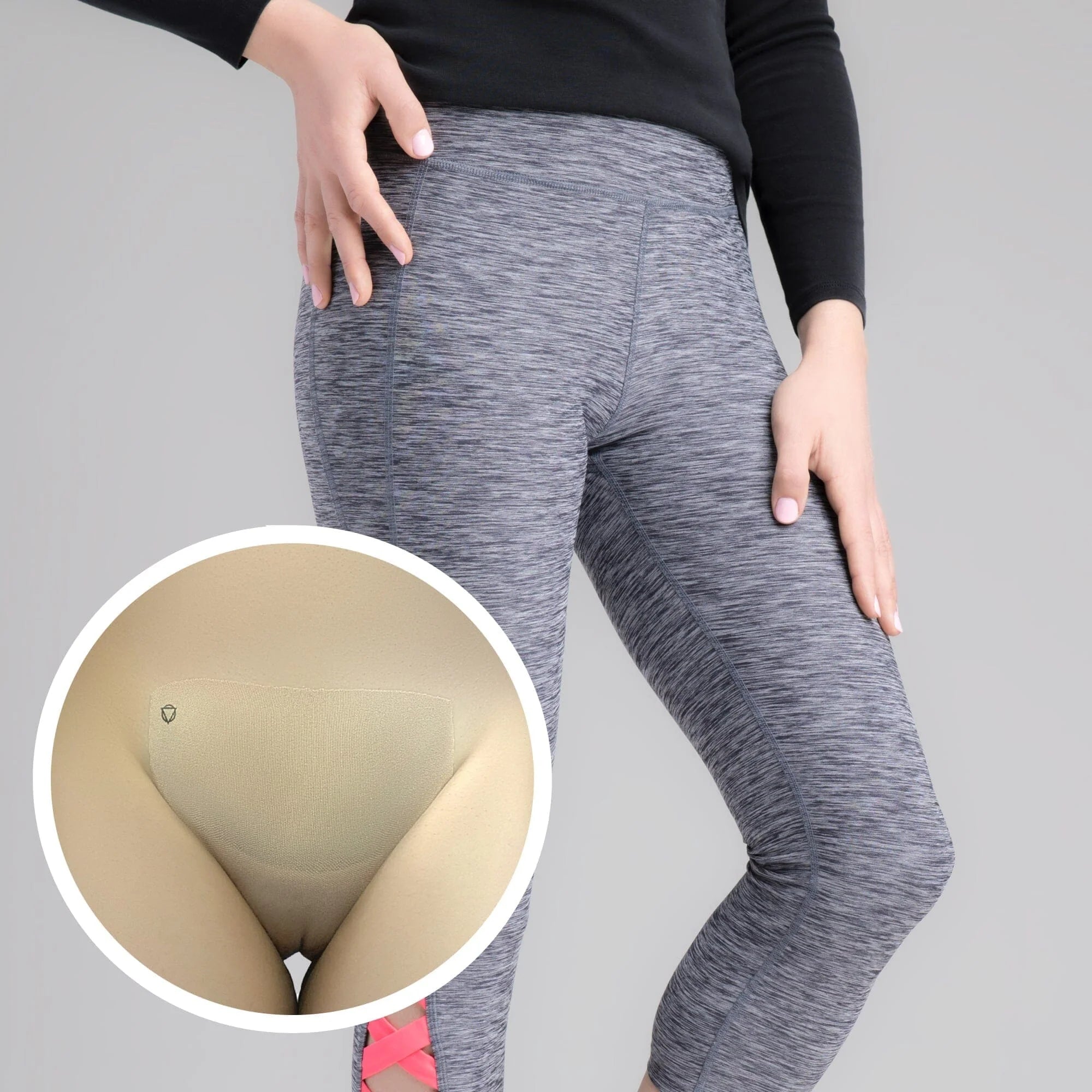 Gray heathered T-Tape Tuck Kit 2 leggings with beige lining and pink lace trim