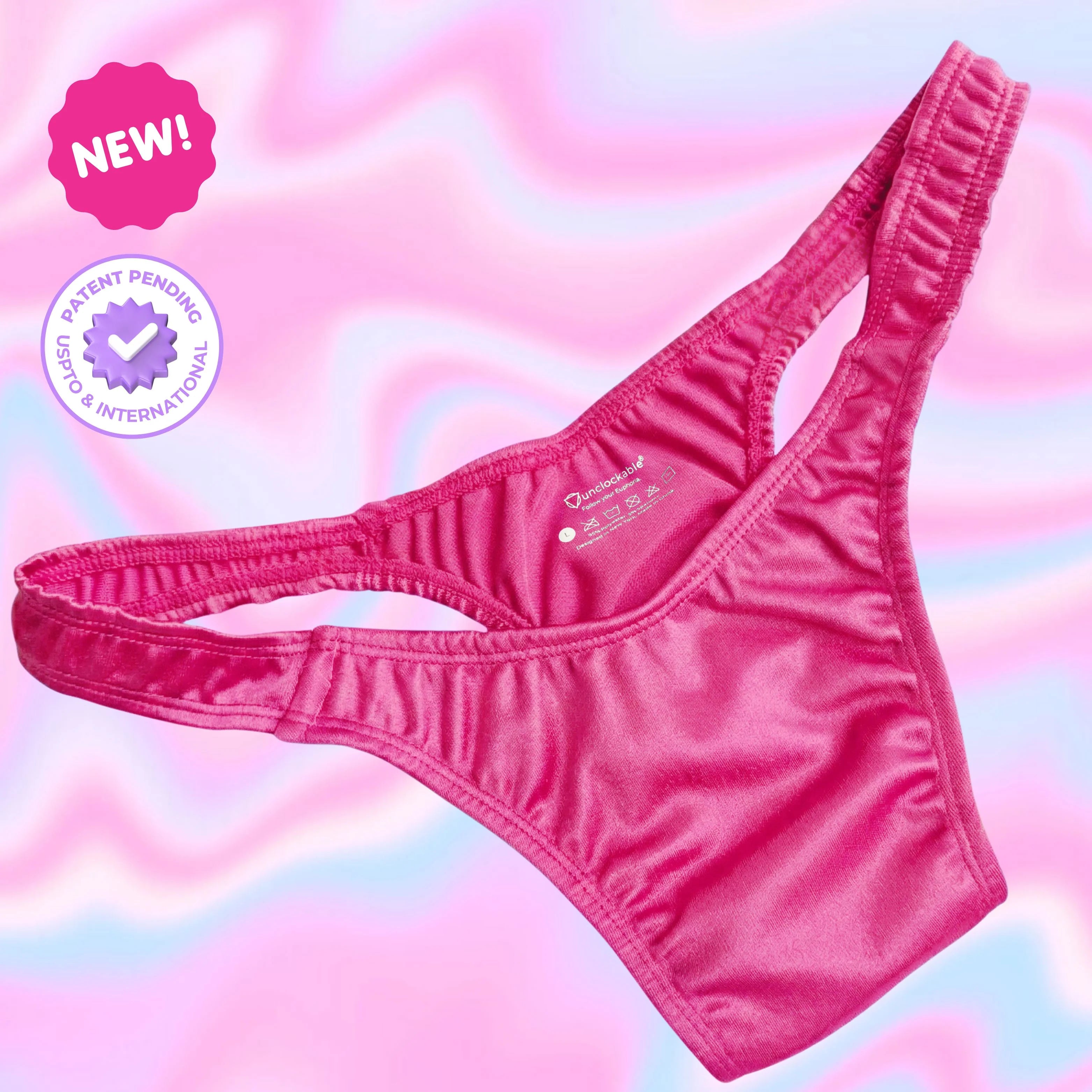 Vibrant pink satin FEMME Everyday Tuckwear thong with shiny finish and ruched straps