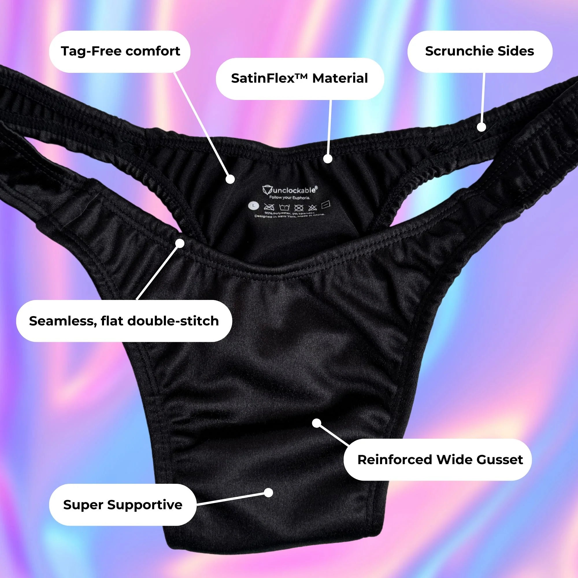 Black satin-like FEMME Everyday Tuckwear thong with scrunchie sides, gusset