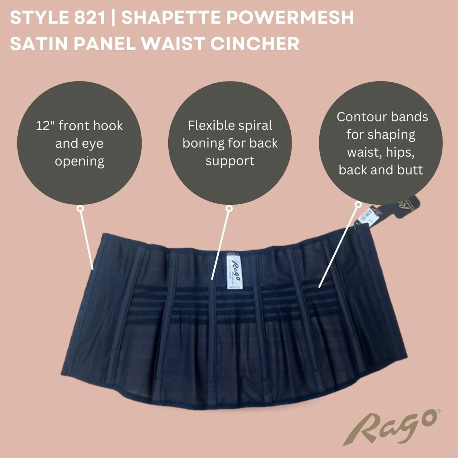 Shapette Waist Cincher black satin panel with spiral boning back view