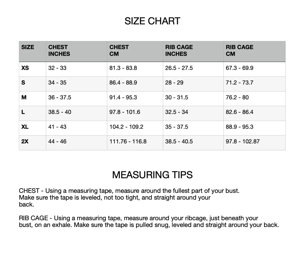 Compression top size chart: XS-2X measurements in inches and cm