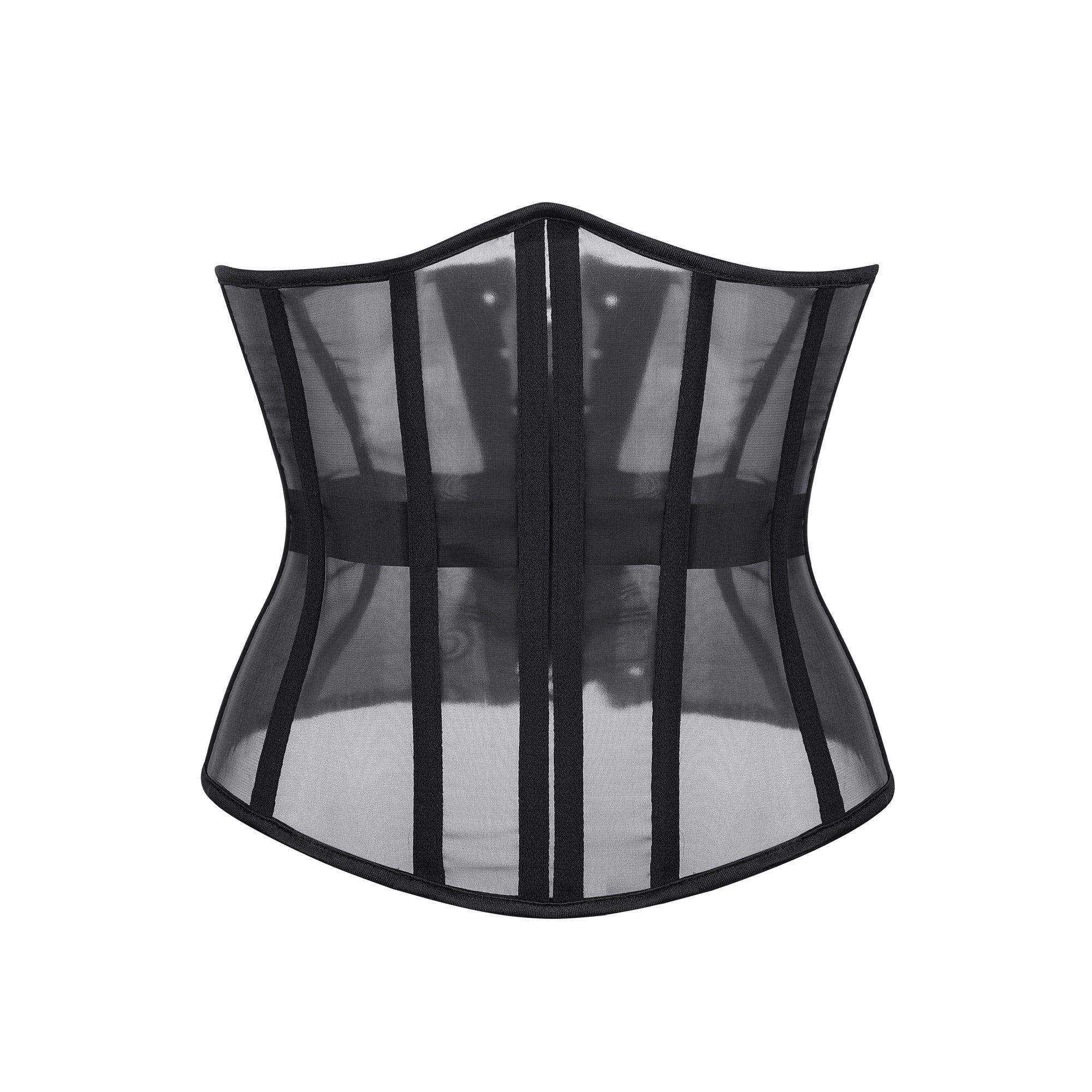Sheer corset black mesh with vertical elastic panels and central horizontal strap for a sleek fit