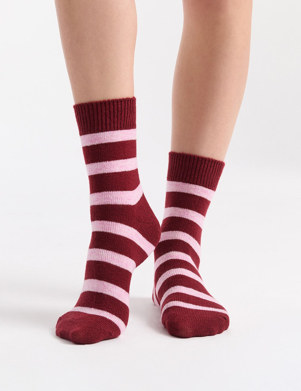 Winter Stripe Crew Sock in maroon and light pink horizontal stripes