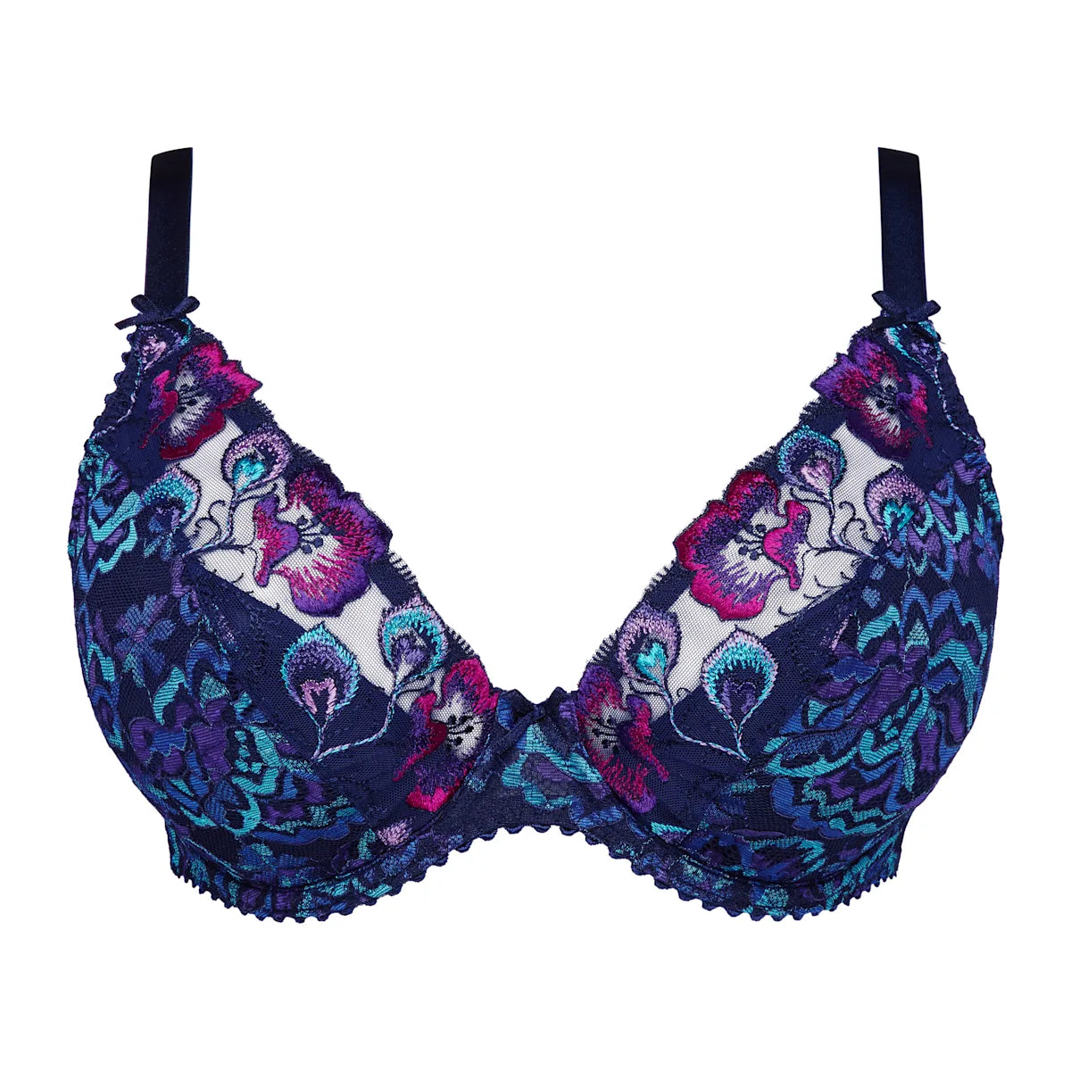 San Angel plunge bra navy blue lace with intricate floral and peacock feather embroidery in purple pink and teal