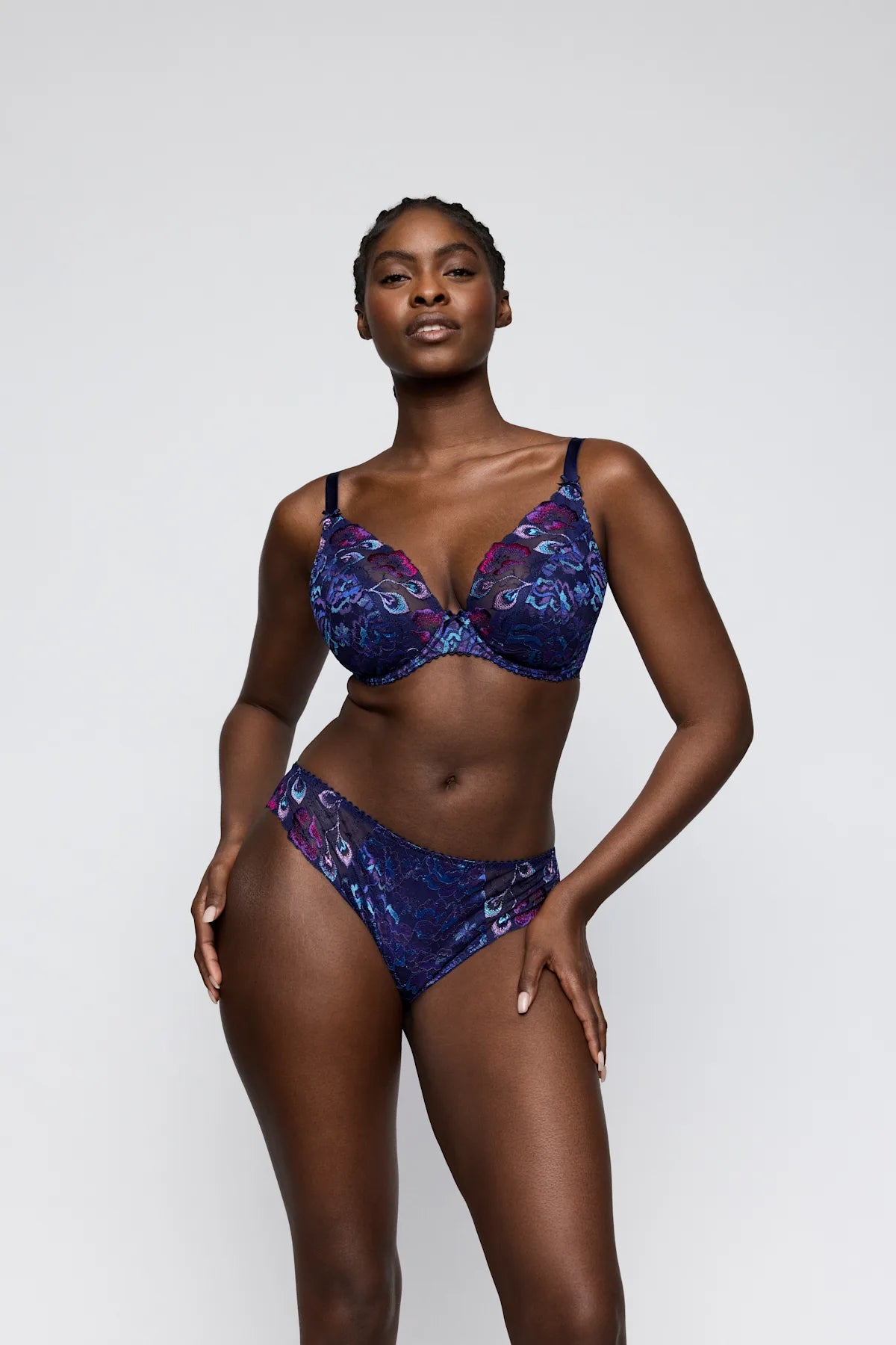 San Angel plunge bra in purple and blue lace with intricate paisley pattern and delicate detailing