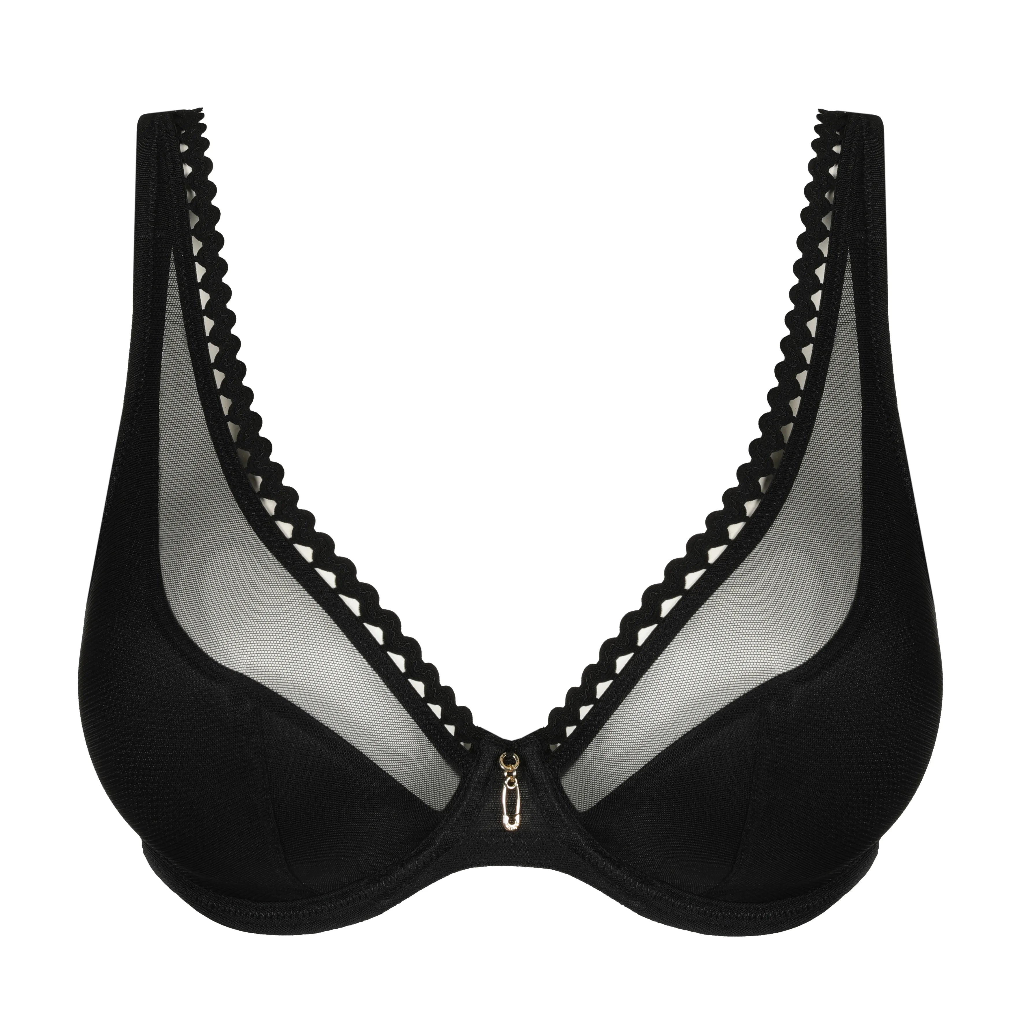 Vivgirl Plunge Bra: black underwire with sheer mesh panels, scalloped lace trim
