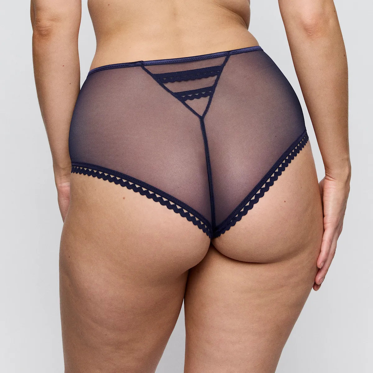 Wowgirl hotpant navy blue sheer mesh briefs with delicate scalloped lace trim showing front side