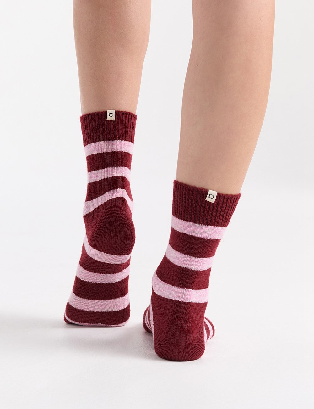 Winter Stripe Crew Sock in maroon and light pink stripes with ribbed cuff