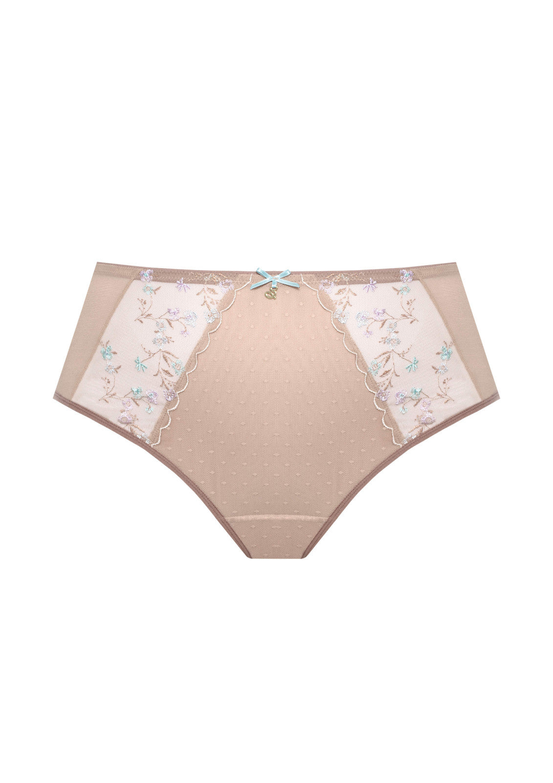 Beige Margaret Figs brief lace trimmed with delicate floral embroidery and a small light blue bow at the center