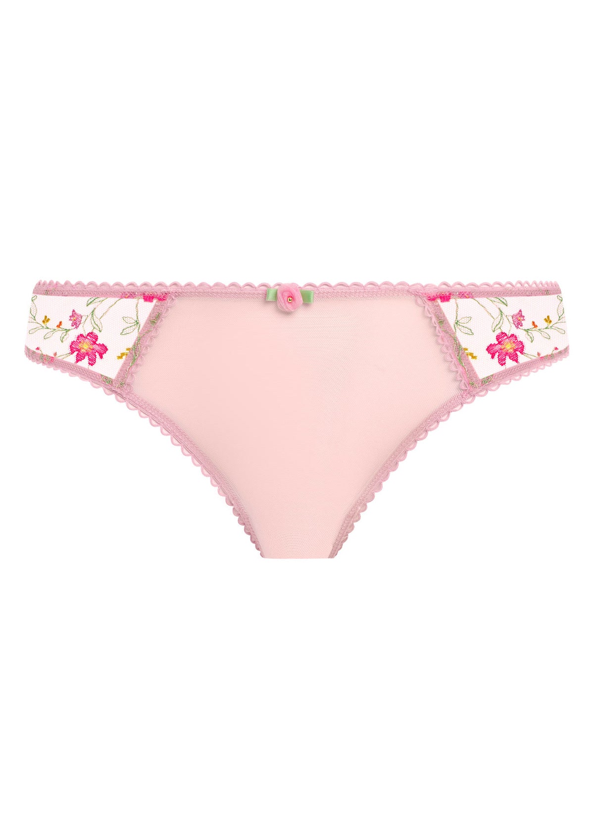 Love Crush Thong: pink floral lace-trimmed briefs with rose button