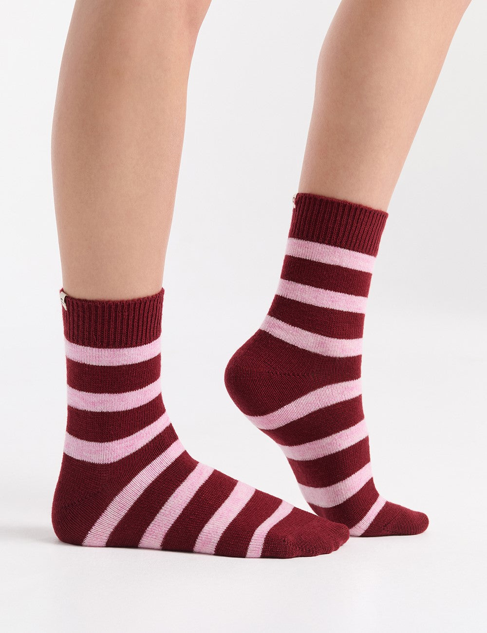 Winter Stripe Crew Sock in maroon and light pink stripes with ribbed cuff