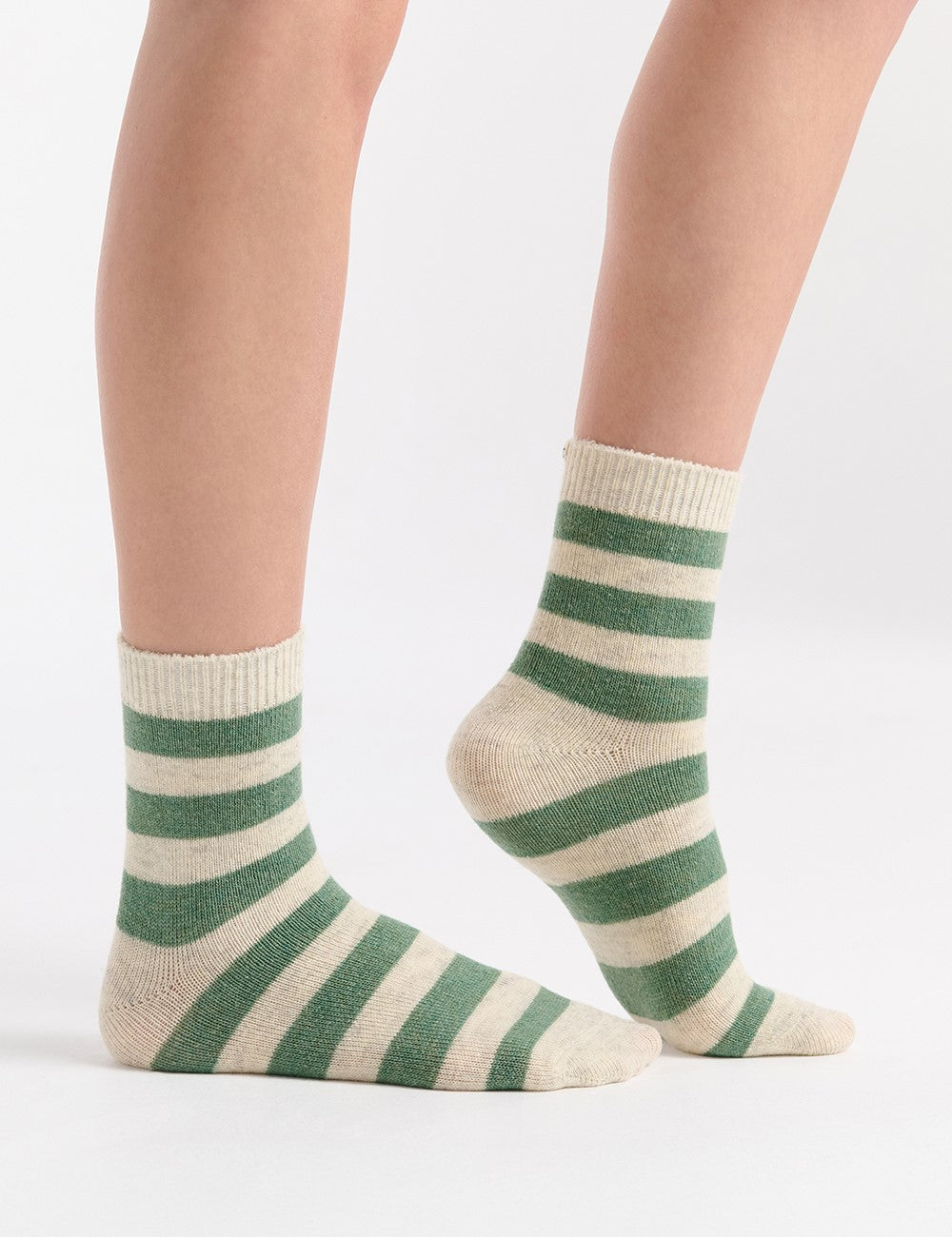 Green and cream striped knit ankle socks, Winter Stripe Crew Sock