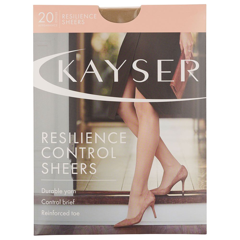 Kayser resilience control sheers in sheer nude hosiery packaging showcasing control and comfort for everyday wear