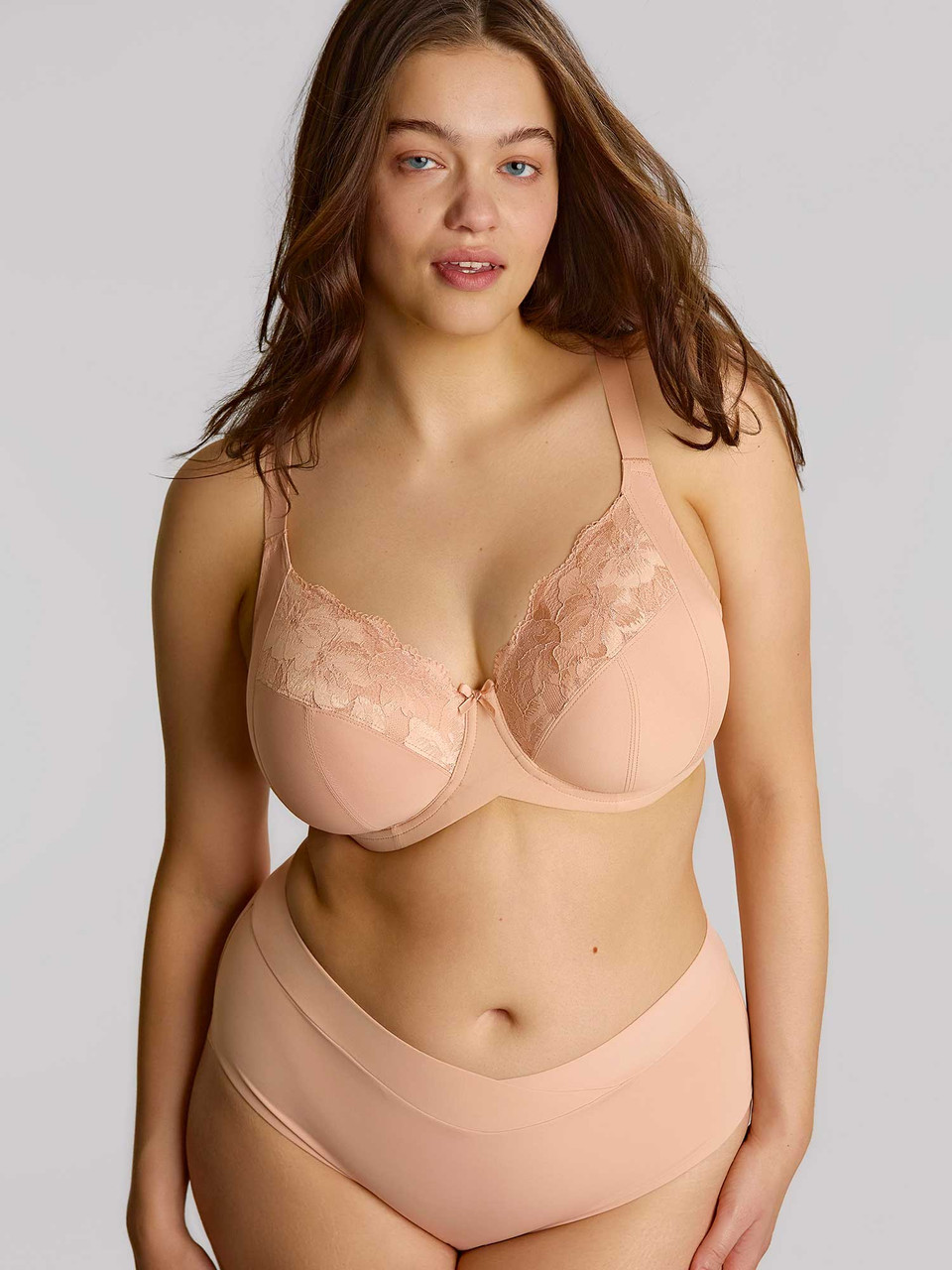 Amara Full Cup soft peach bra with lace trim and matching high-waisted brief