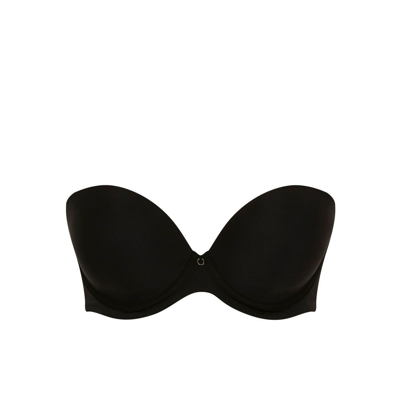 Faith moulded strapless bra in black with smooth seamless design and small metallic clasp at center front