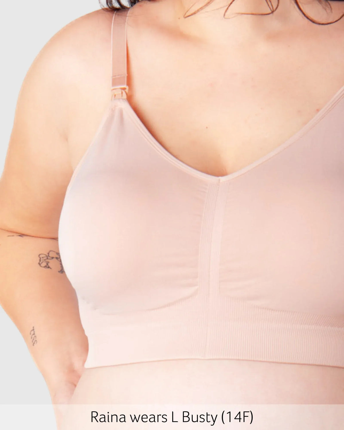 My Necessity seamless nursing bra full in soft blush pink with adjustable straps and supportive underwire design