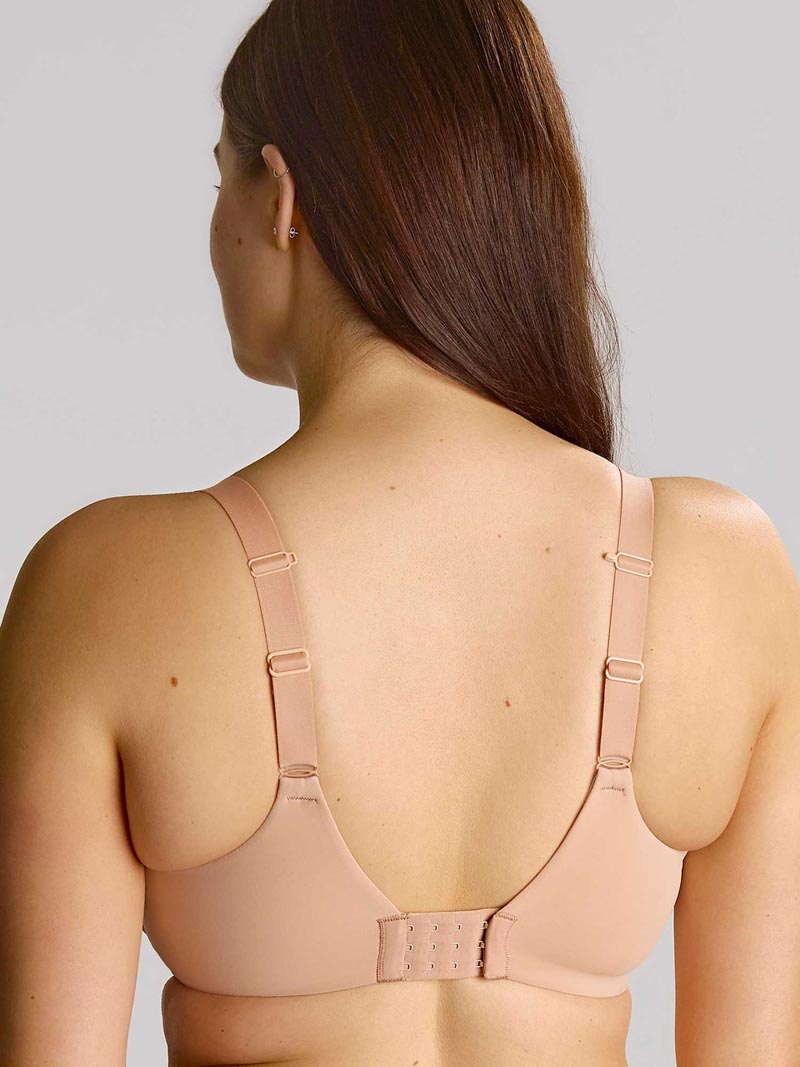 Beige muse plunge bra with underwire, adjustable straps, and back closure for comfortable support