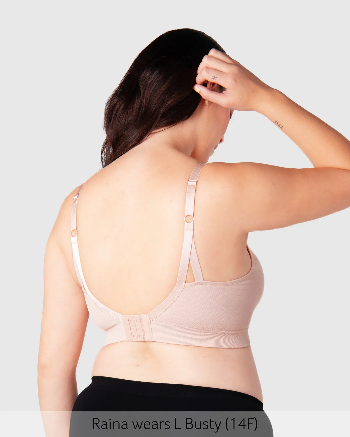 My Necessity seamless nursing bra in soft blush pink with adjustable straps and supportive back design