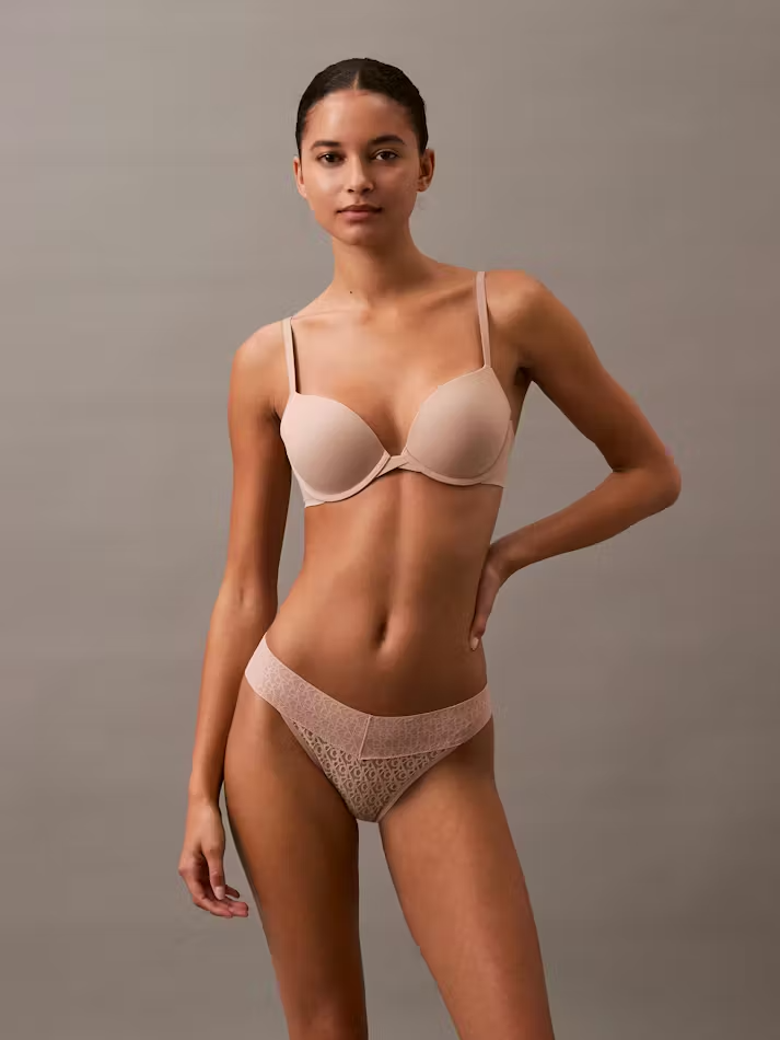 Beige lace-trimmed bra and matching thong set in Icon Logo design