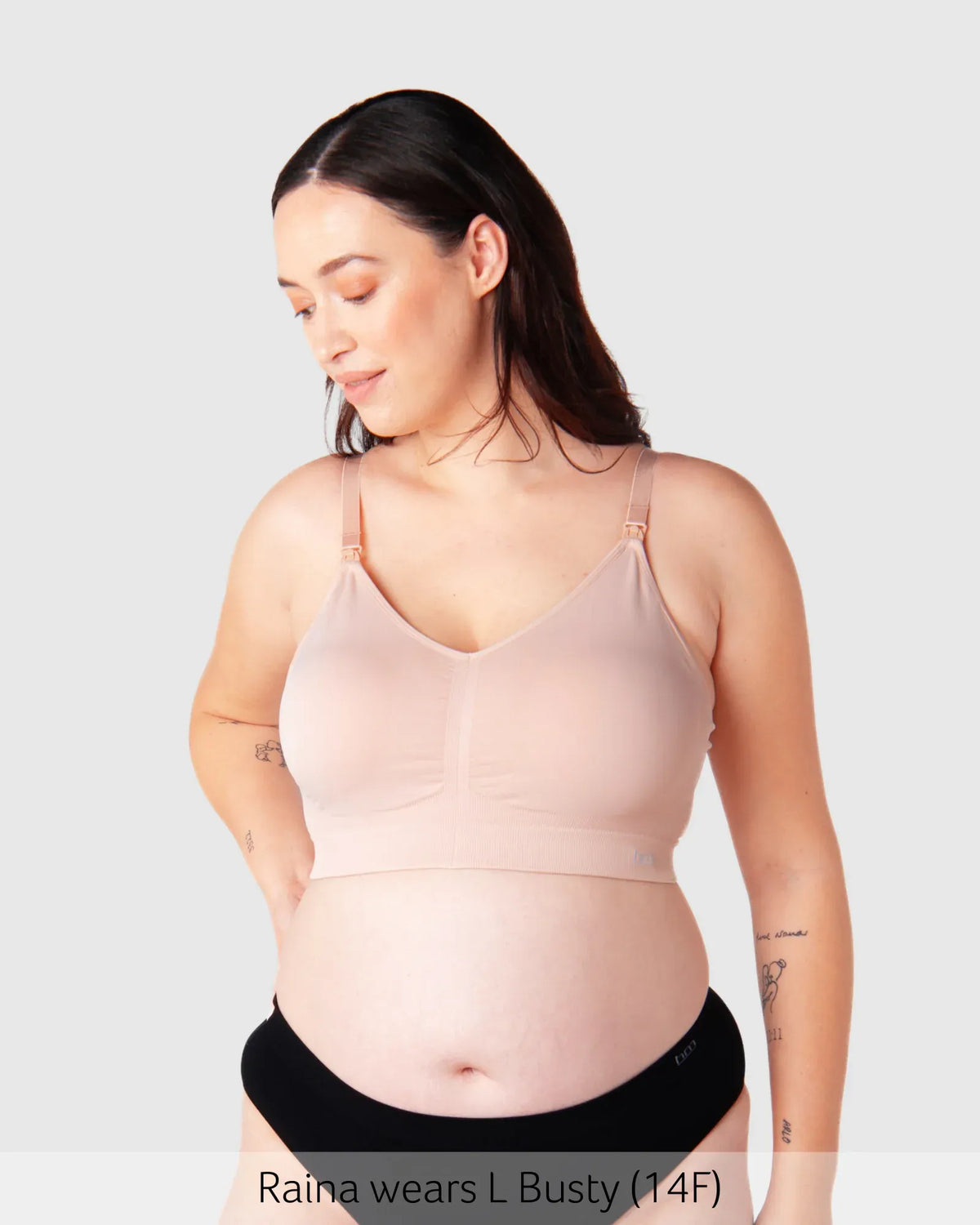 My Necessity seamless nursing bra full in soft blush with delicate adjustable straps and supportive bustier design
