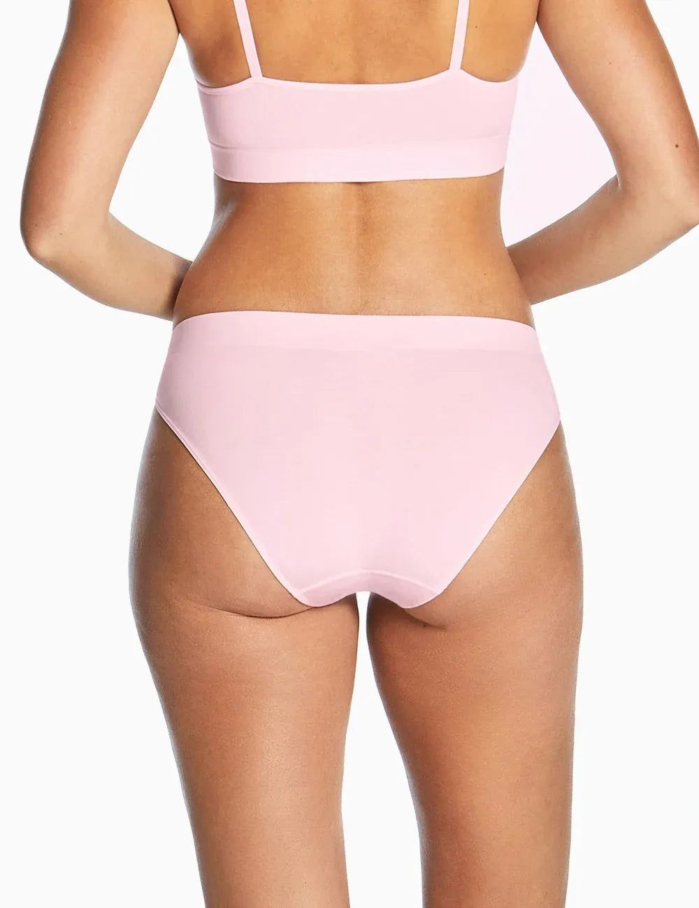Purebasics bikini brief 2 pack featuring pink high-waisted briefs with thin straps and smooth seamless fabric