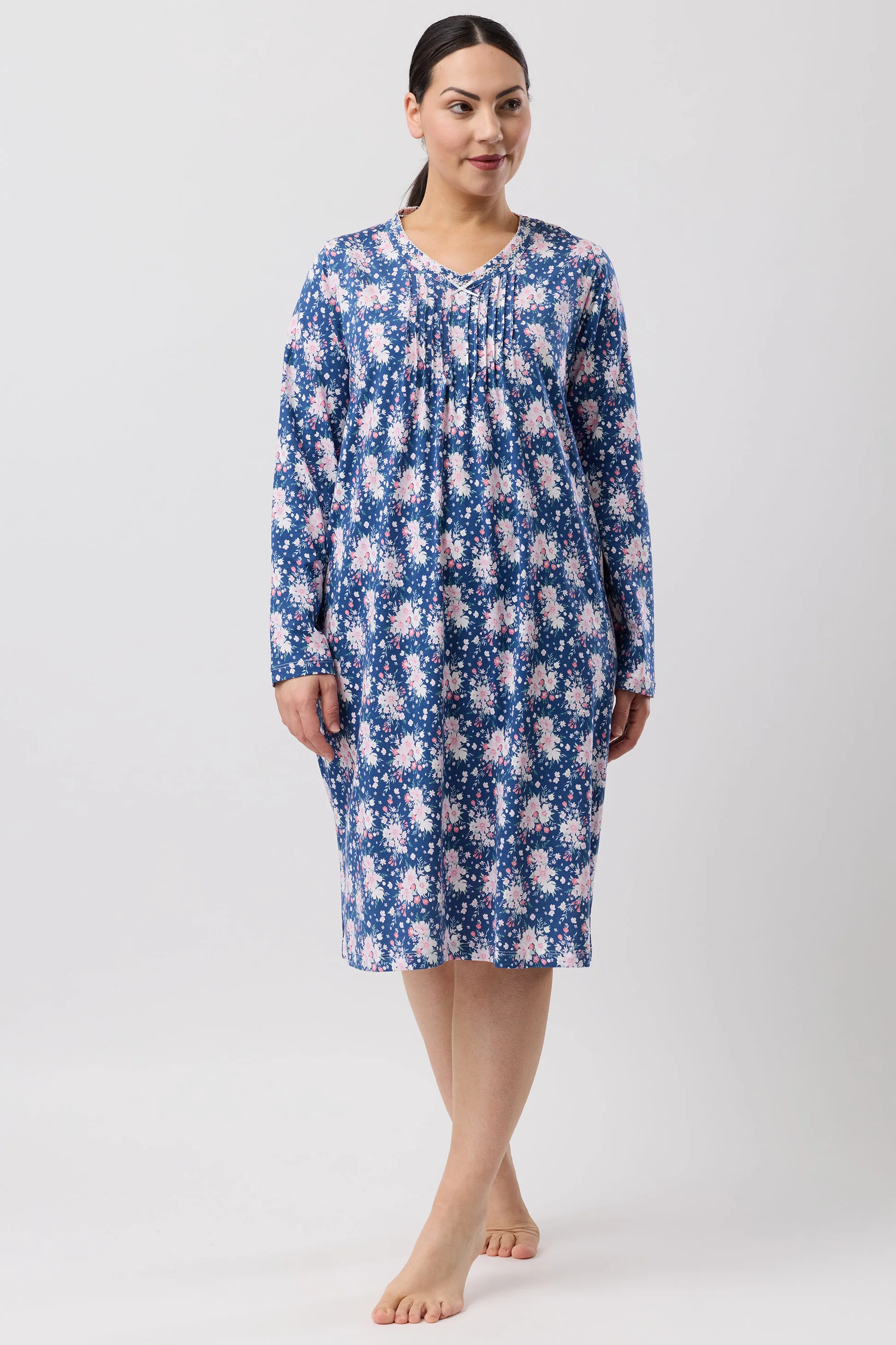 Bouquet Crochet Nightie: navy blue floral nightgown with long sleeves
