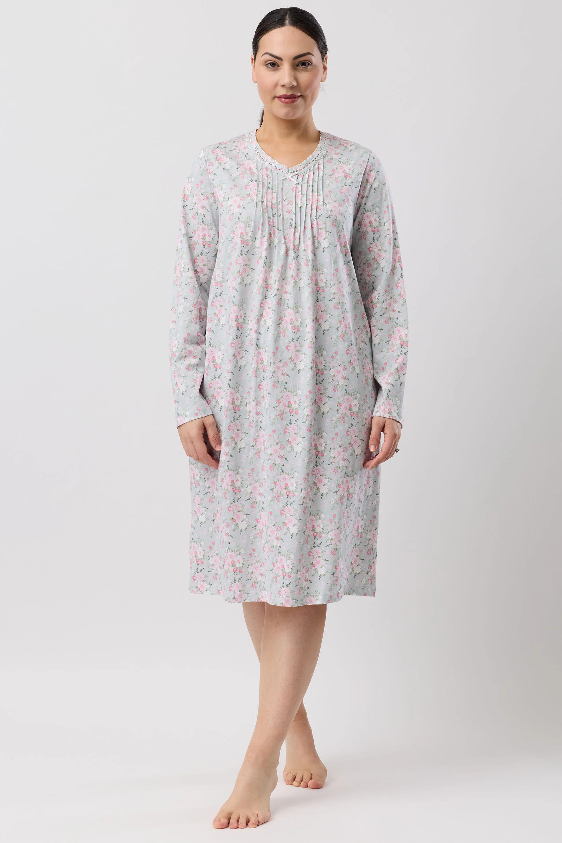 Bouquet Crochet Nightie: soft gray gown with pink green floral pattern