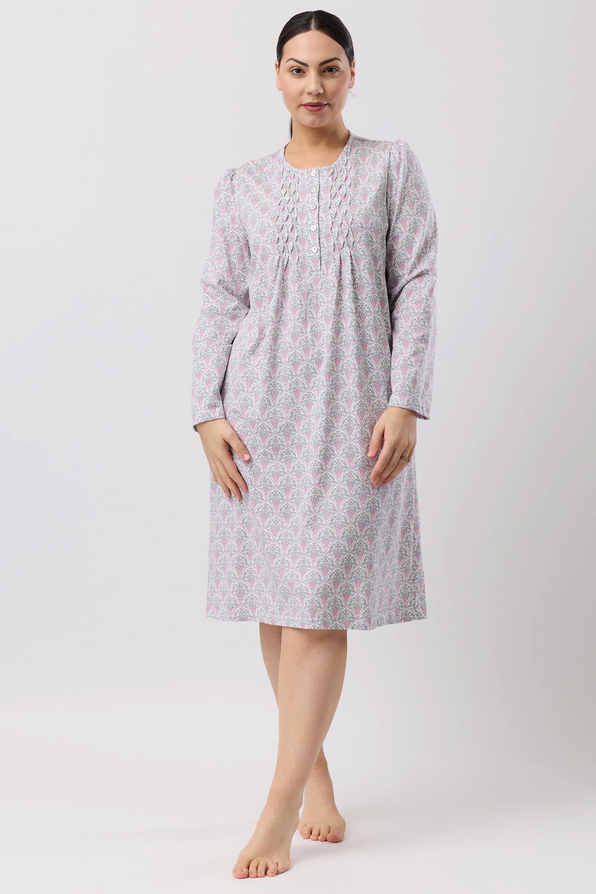 Oriental smock nightie in soft lavender with delicate floral pattern and subtle embroidery along the neckline