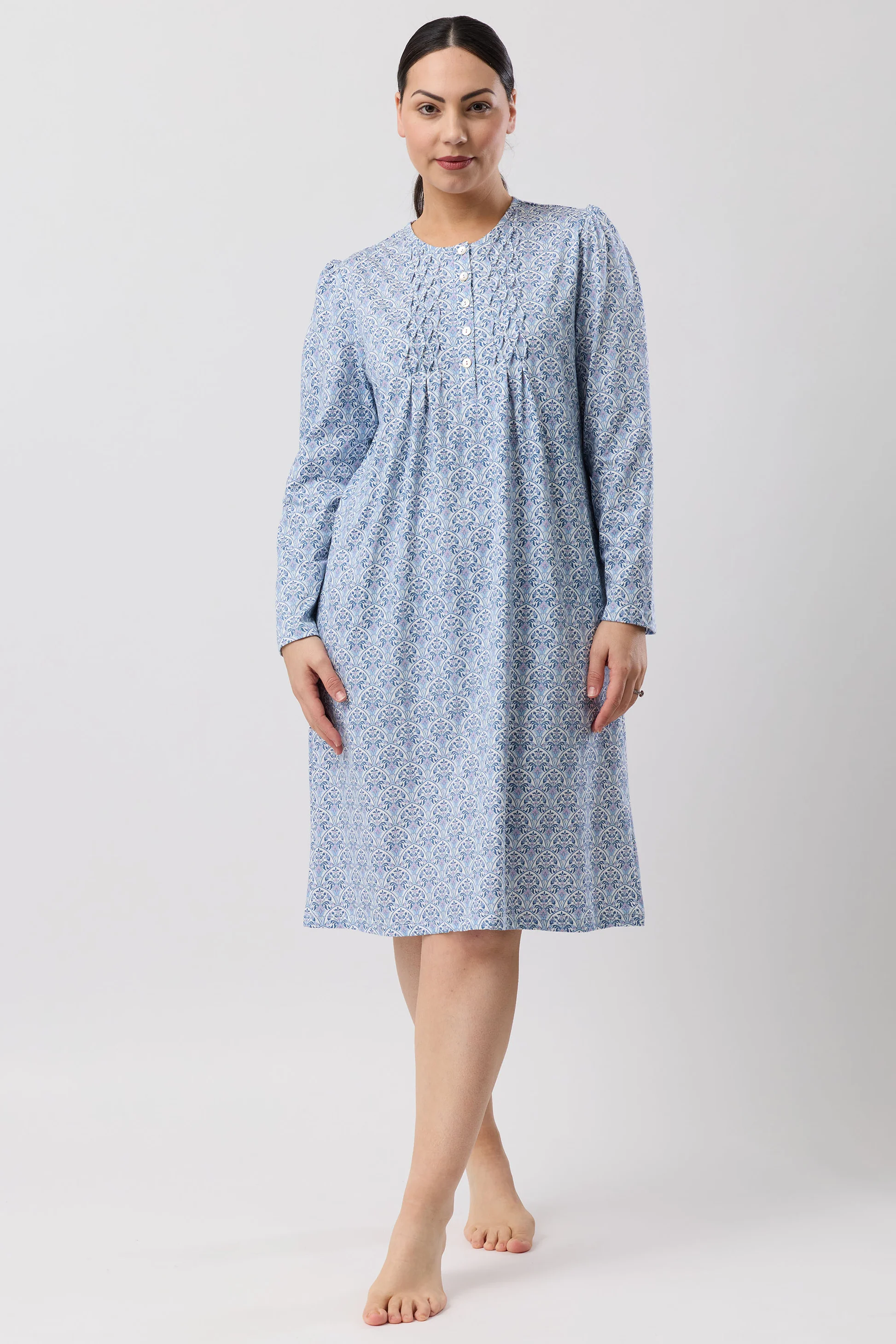 Oriental Smock Nightie: light blue with white geometric pattern, long sleeves