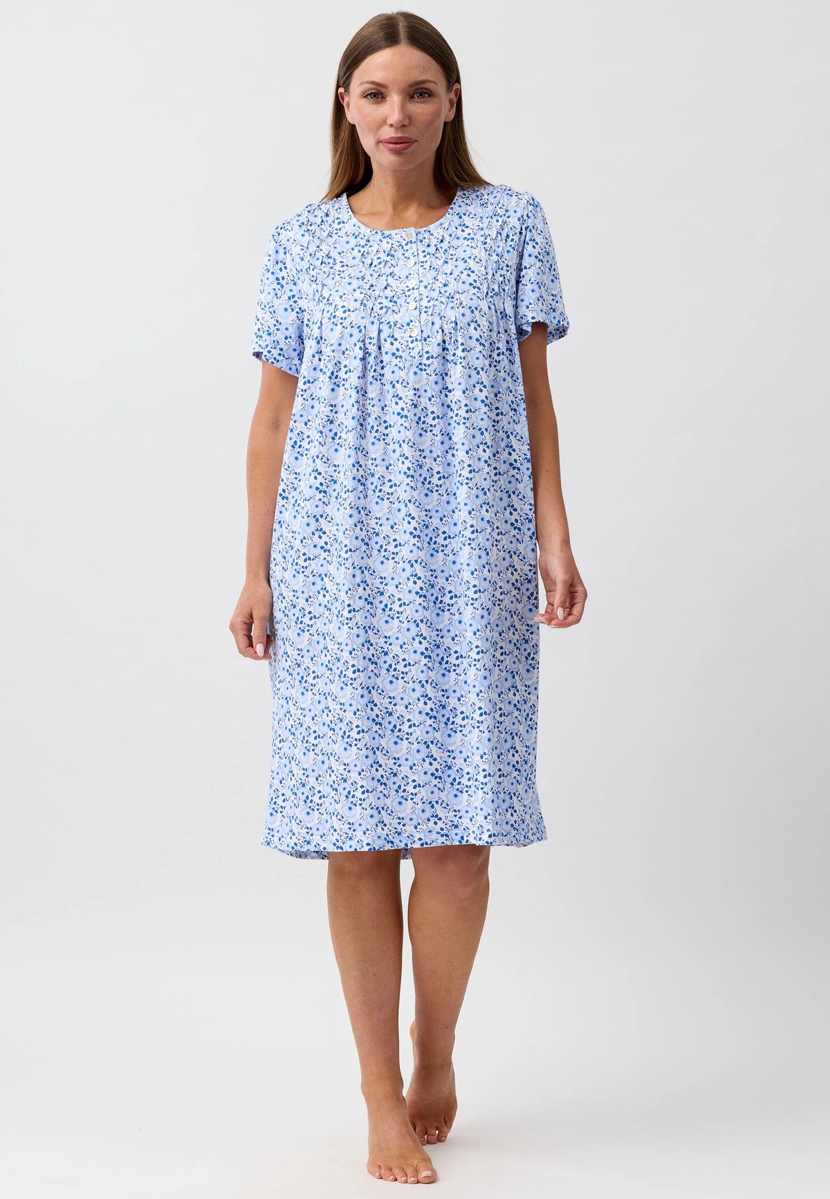 Light blue floral print camellia short sleeve nightie with gathered neckline made of soft fabric for comfortable sleep