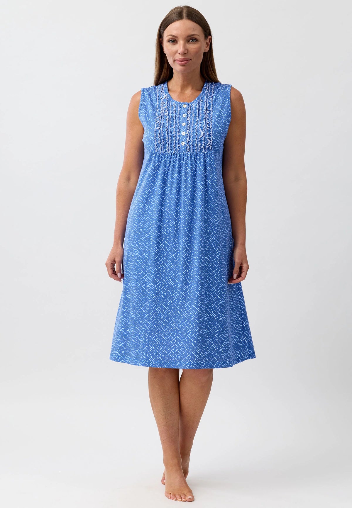 Confetti sleeveless nightie soft blue textured fabric with delicate lace trim along the neckline