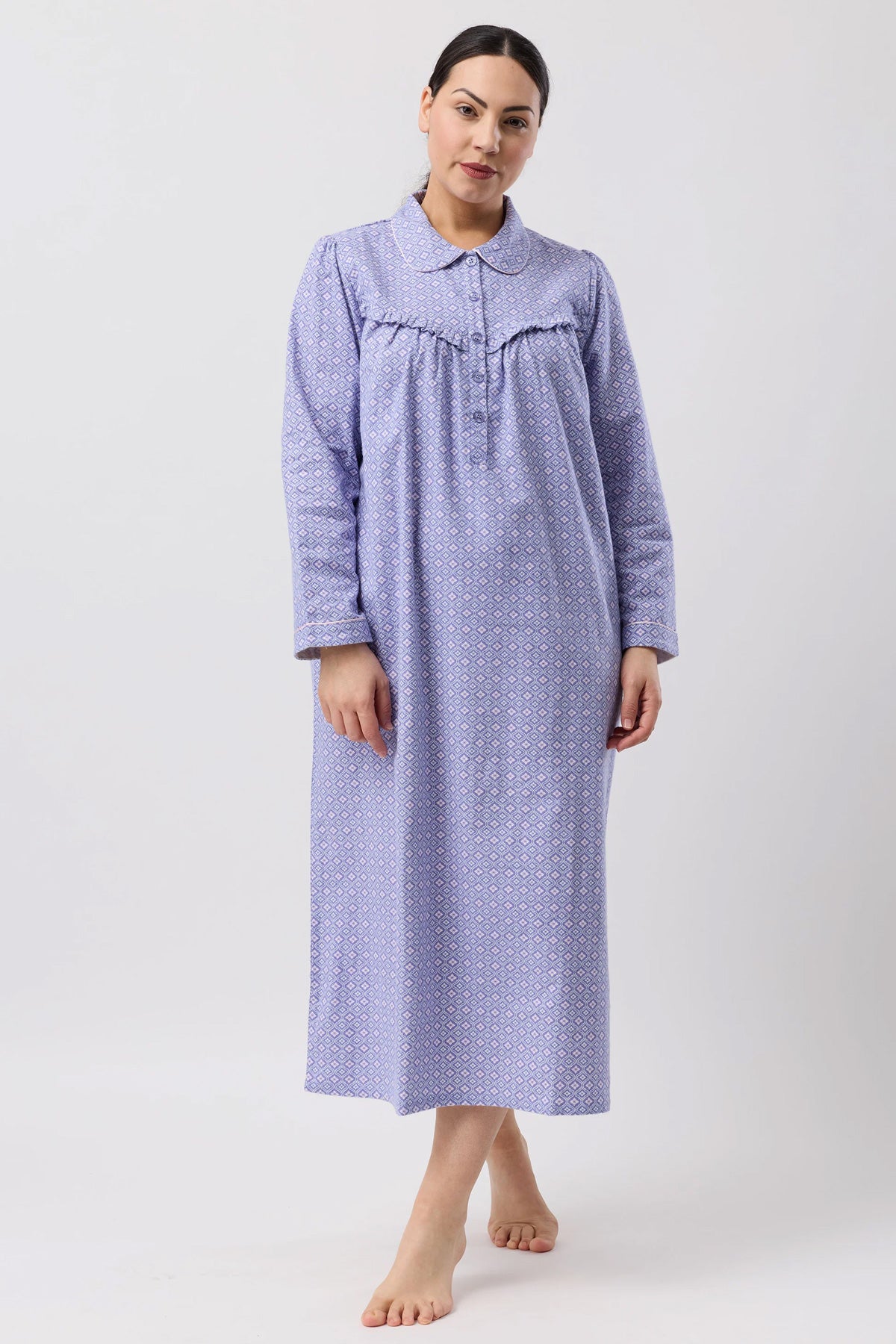 A soft lavender fleur de lys collar nightie with a subtle geometric pattern long sleeves and a classic collar
