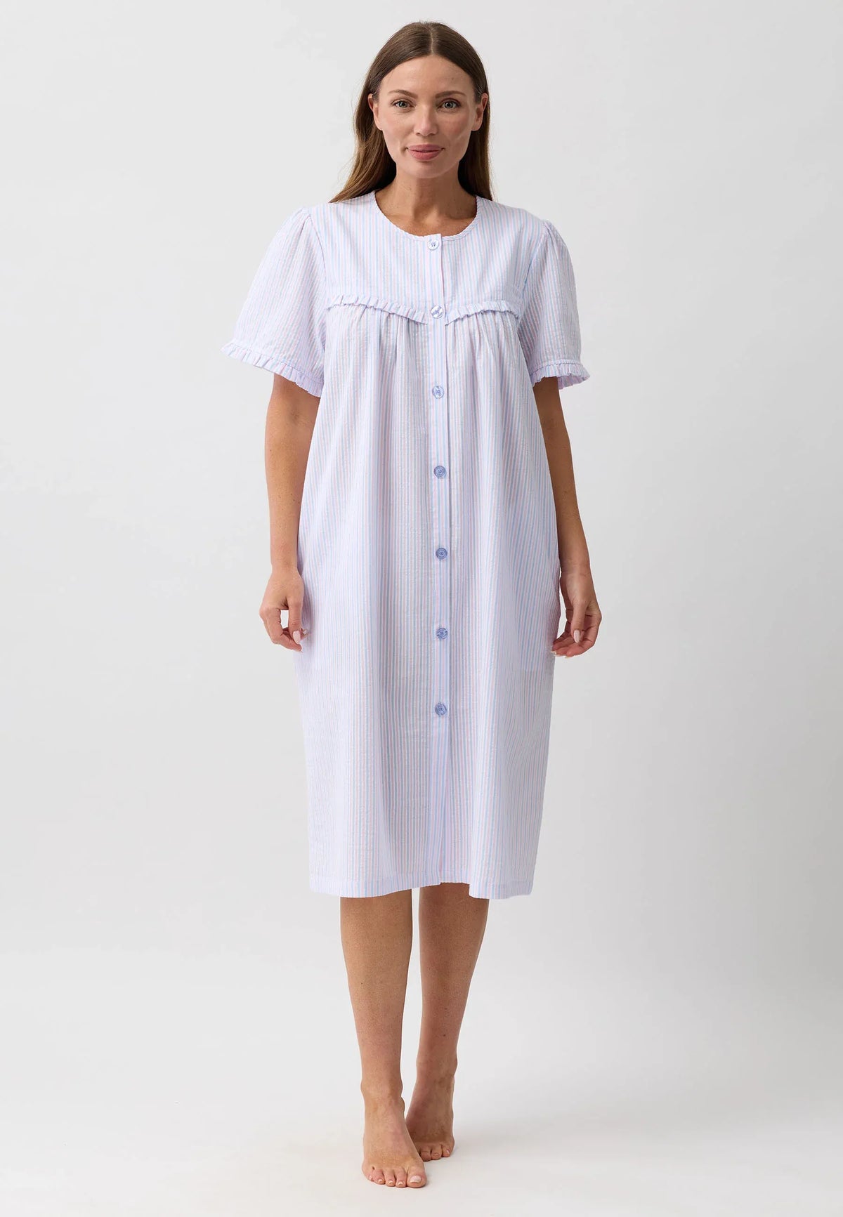 Stripe brunch coat soft light blue and white vertically striped nightgown with short puffed sleeves and button-down front
