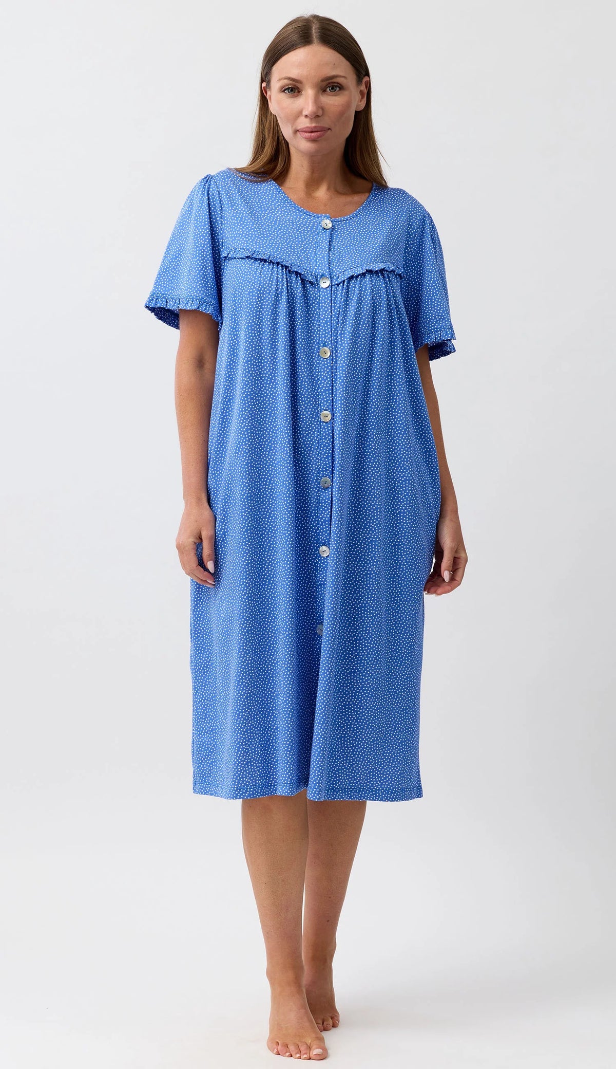 Blue patterned cotton nightgown with short sleeves and button-front design for comfortable nighttime wear