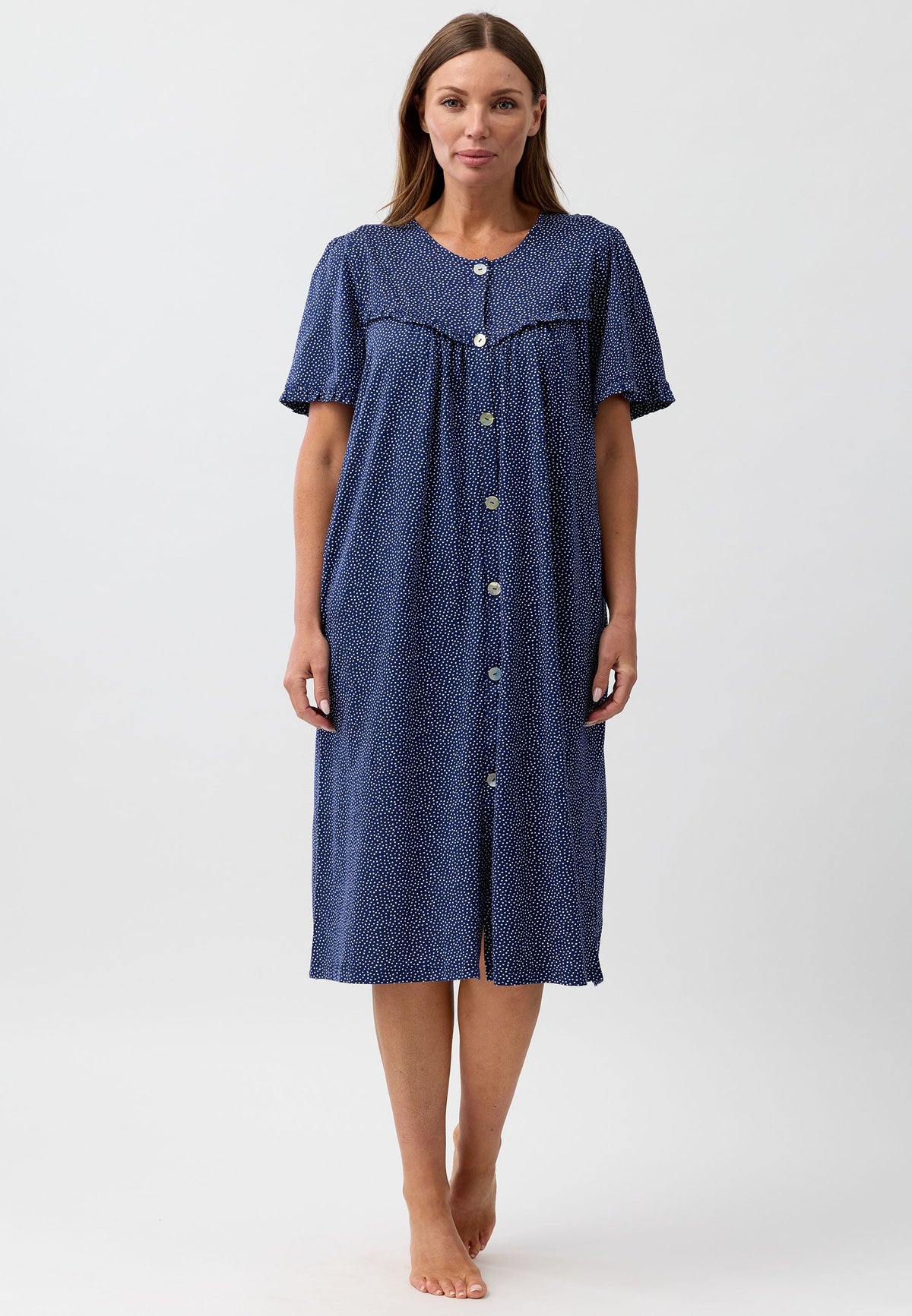 Navy blue confetti brunch coat nightgown with white dot pattern short sleeves and button-down front