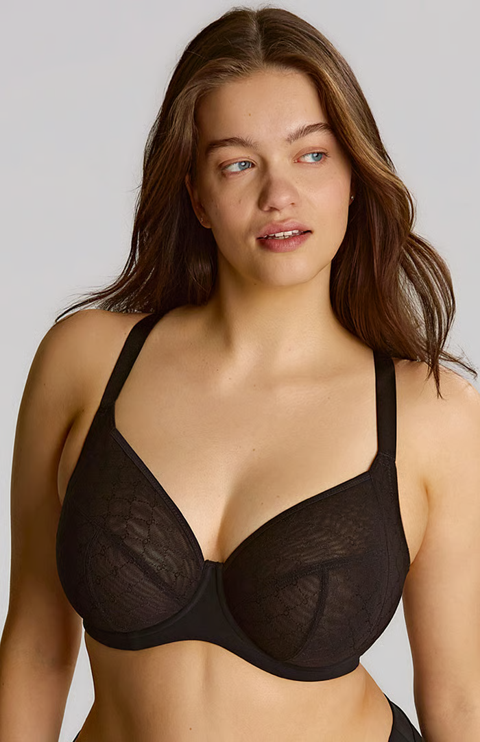 Black lace muse plunge bra with underwire, thin straps, and seamless design for comfortable support