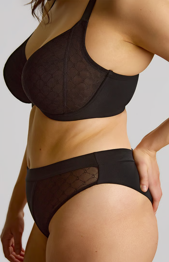 Black lace-trimmed muse plunge bra and matching briefs set featuring sheer delicate fabric for elegant lingerie wear