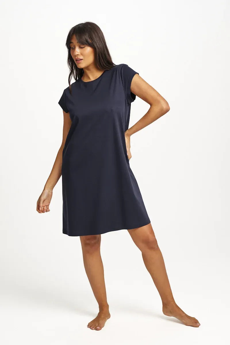 Navy blue supima cotton cap sleeve nightie with short sleeves and a simple round neckline for comfortable sleepwear