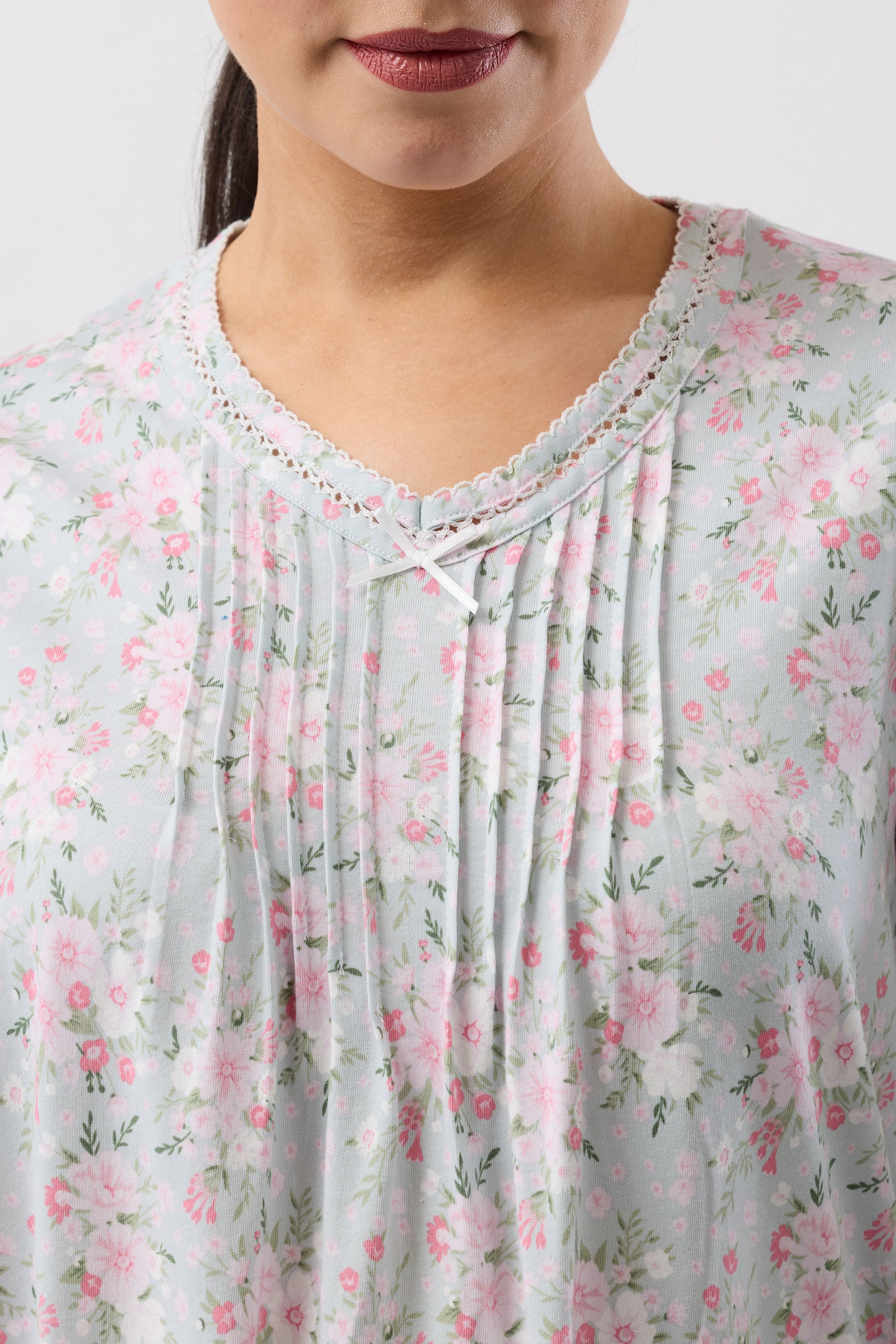 Bouquet Crochet Nightie in soft light blue with pink green floral pattern