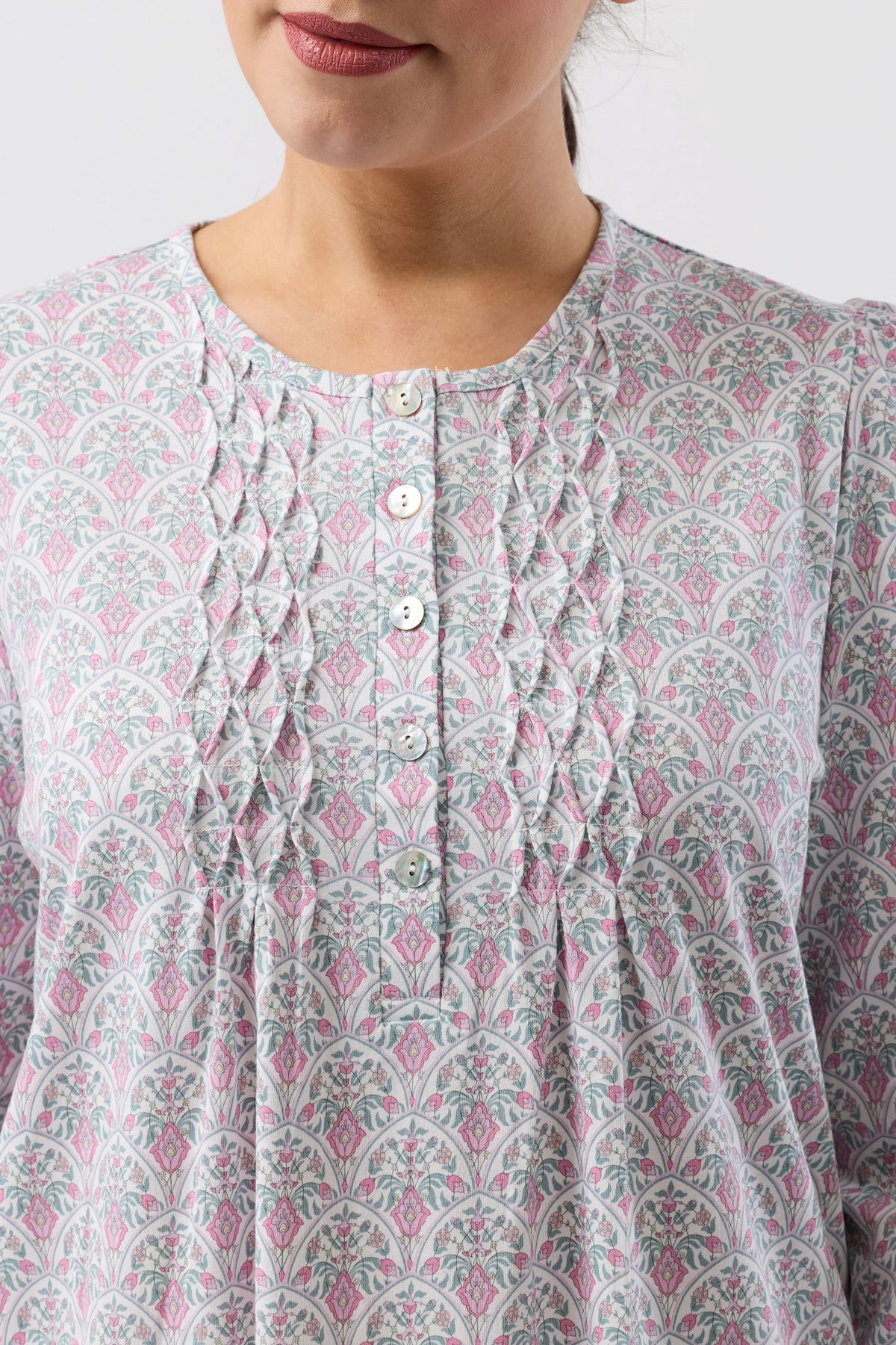Oriental smock nightie soft light gray and pink floral patterned nightgown with subtle sheen for comfortable sleepwear