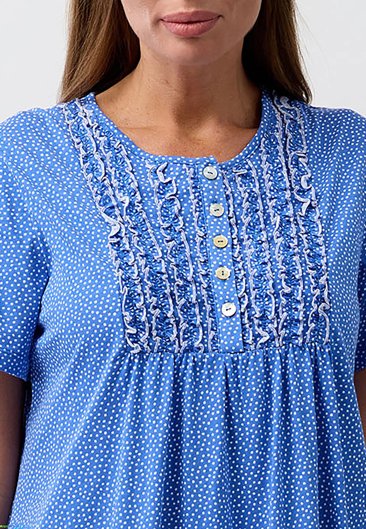 Confetti short sleeve nightie in blue polka dot fabric with white ruffled trim and button closure