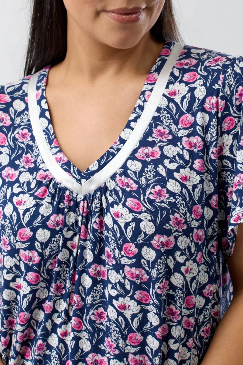 Camillia Nightie: navy blue floral V-neck nightgown in pink and white