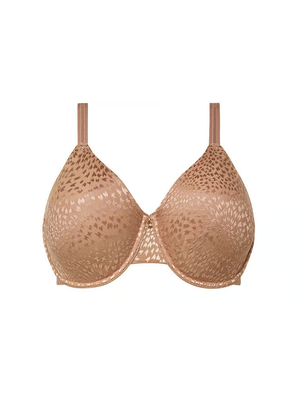 Beige lace underwire magique minimizer bra with subtle pattern and thin straps for comfortable support