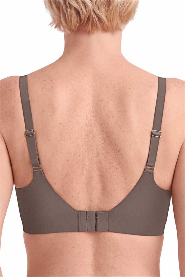 Gray wave pure wire-free bra with adjustable straps and center back closure shown from the back side