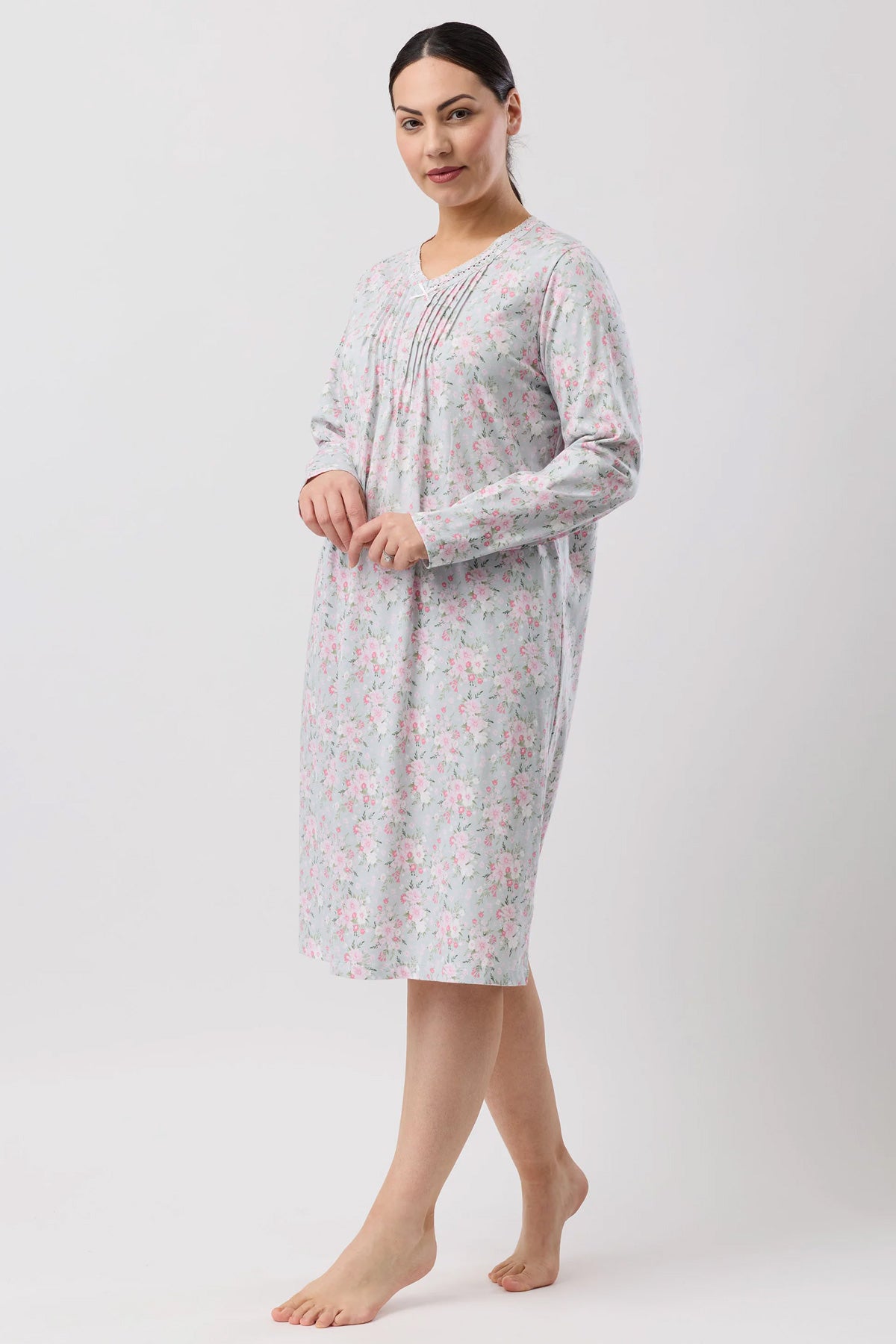 Bouquet crochet nightie soft gray nightgown with delicate pink floral patterns and a subtle pleated neckline