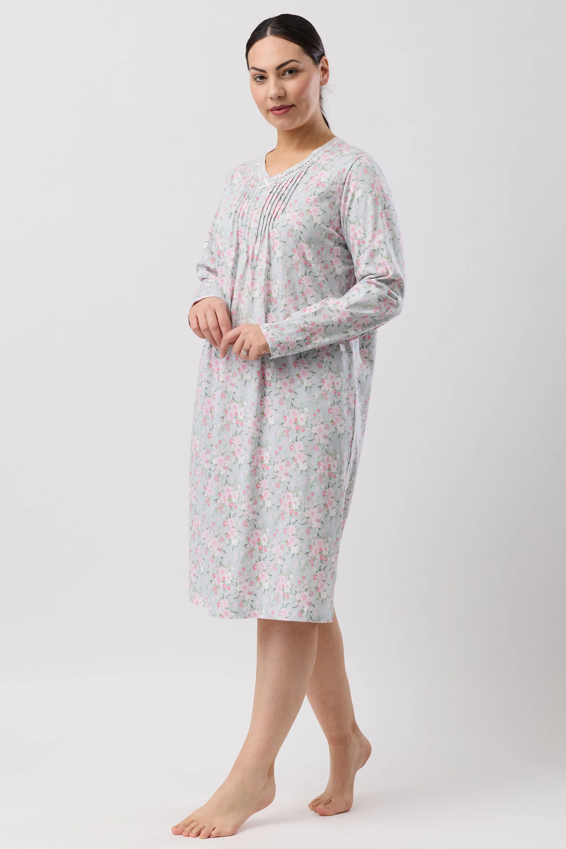Bouquet Crochet Nightie: soft gray gown with pink florals, long sleeves
