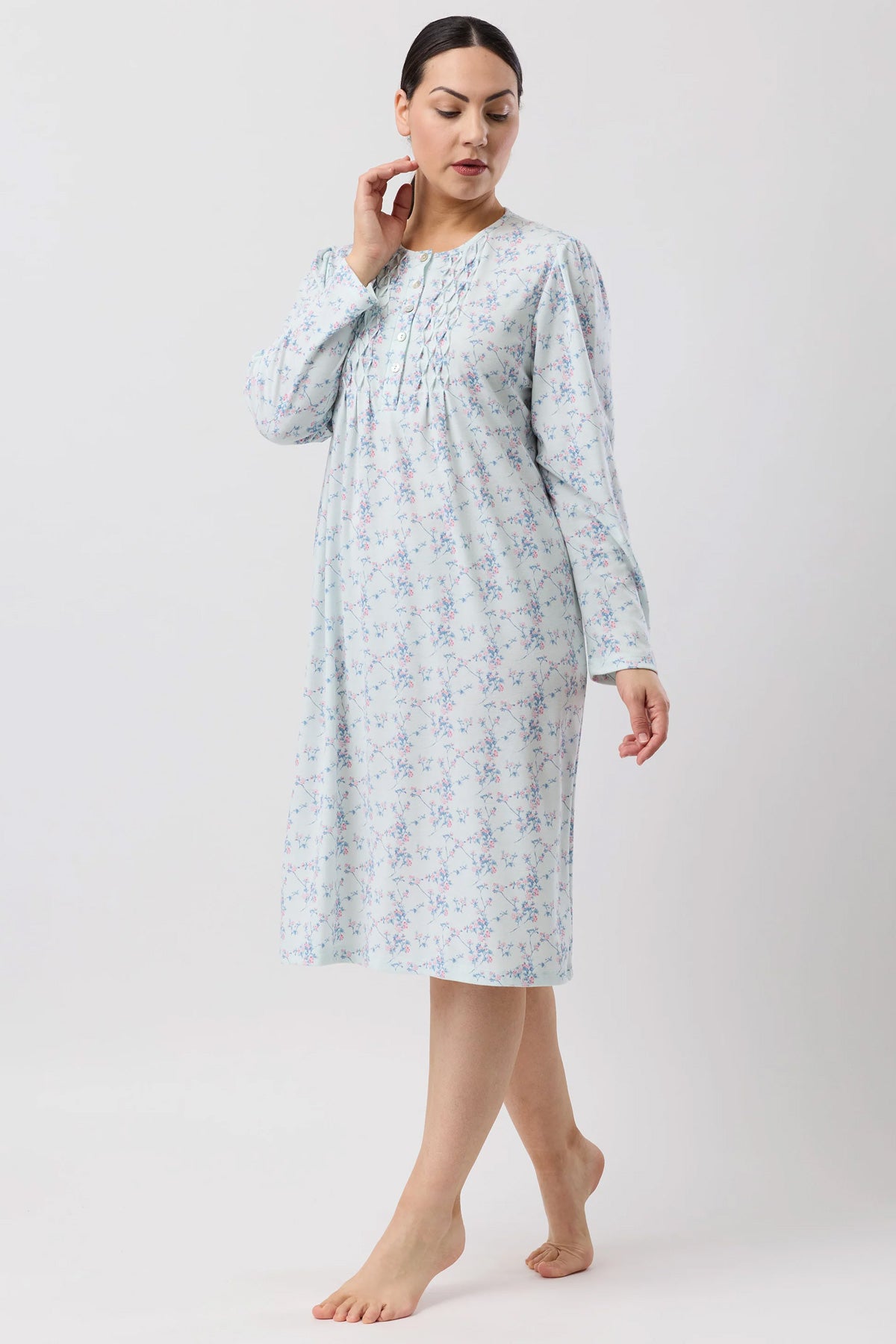 A light blue floral print long sleeve nightgown with gathered neckline called cherry blossom nightie