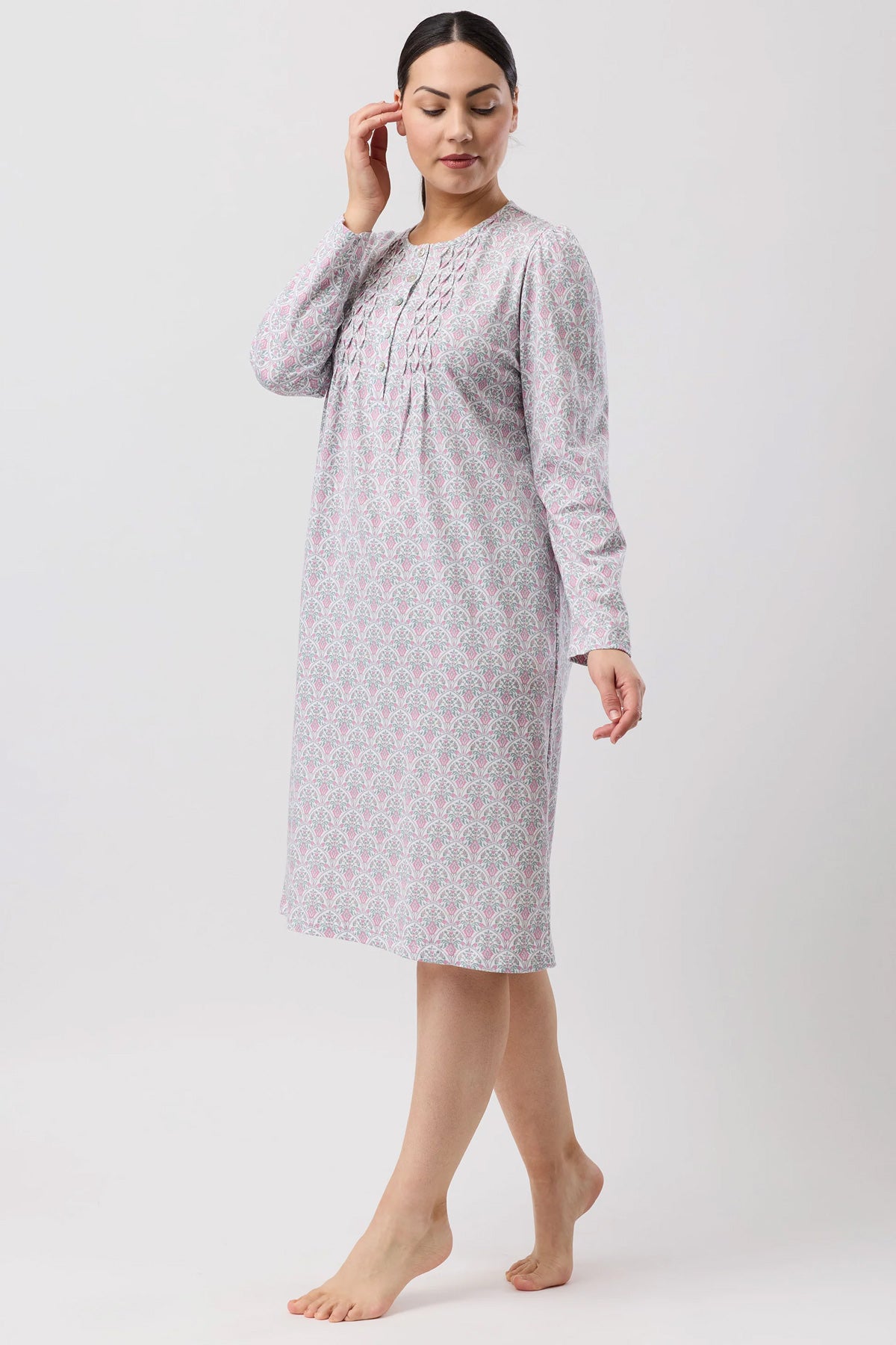 Oriental smock nightie soft lavender and white patterned long sleeve nightgown with delicate embroidered neckline
