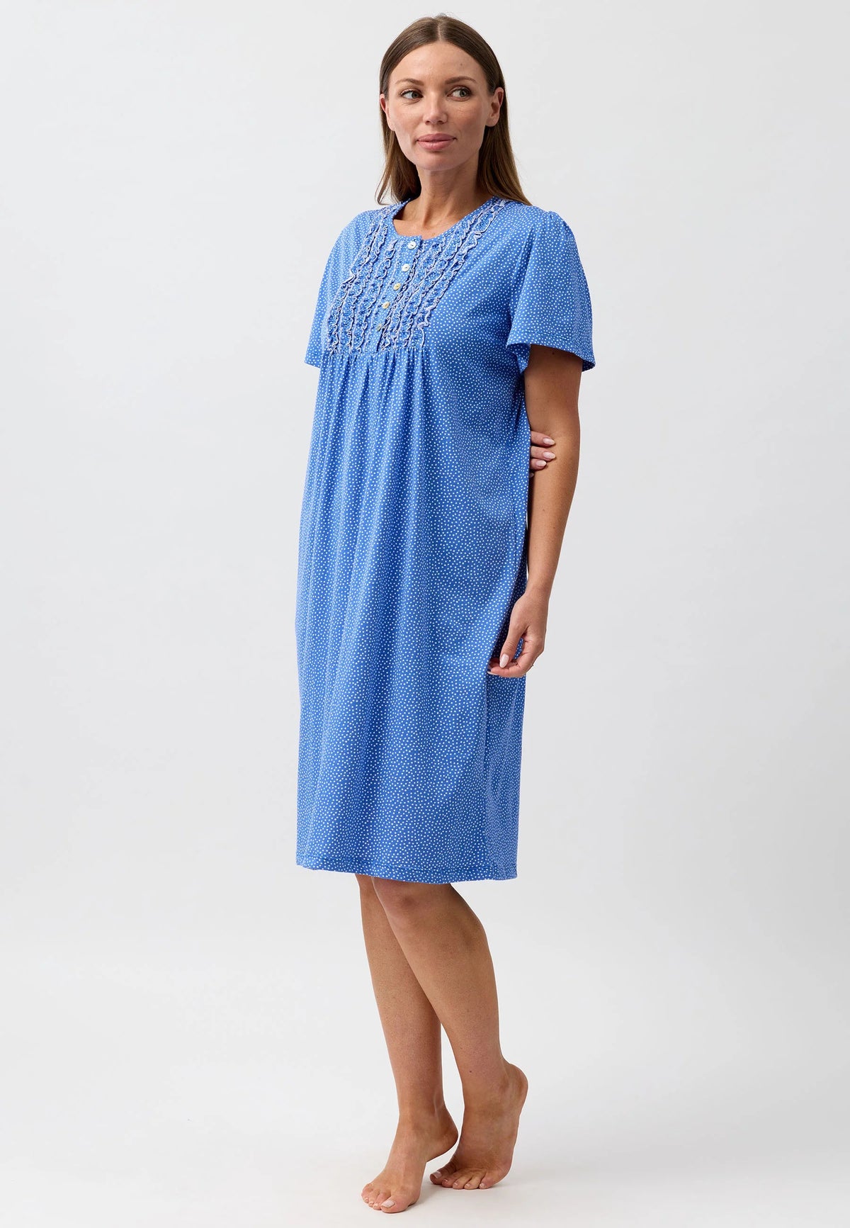 Blue textured confetti short sleeve nightie with delicate lace detailing across the neckline and short sleeves
